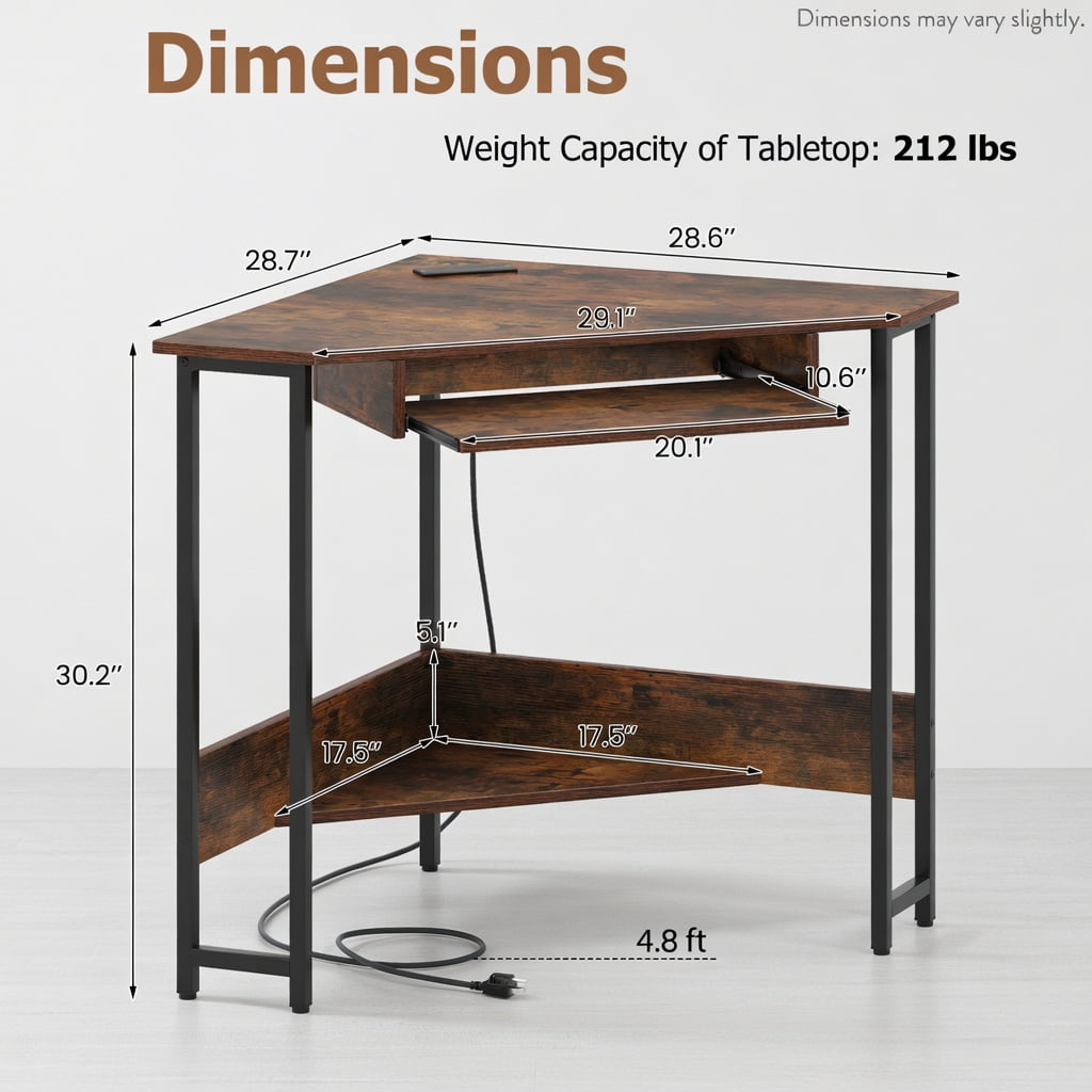 Spaco Triangle Corner Desk with Charging Station Keyboard Tray and Storage Shelf-Rustic Brown, Office Desk, Gaming Computer Desks for Study,Working,Writing