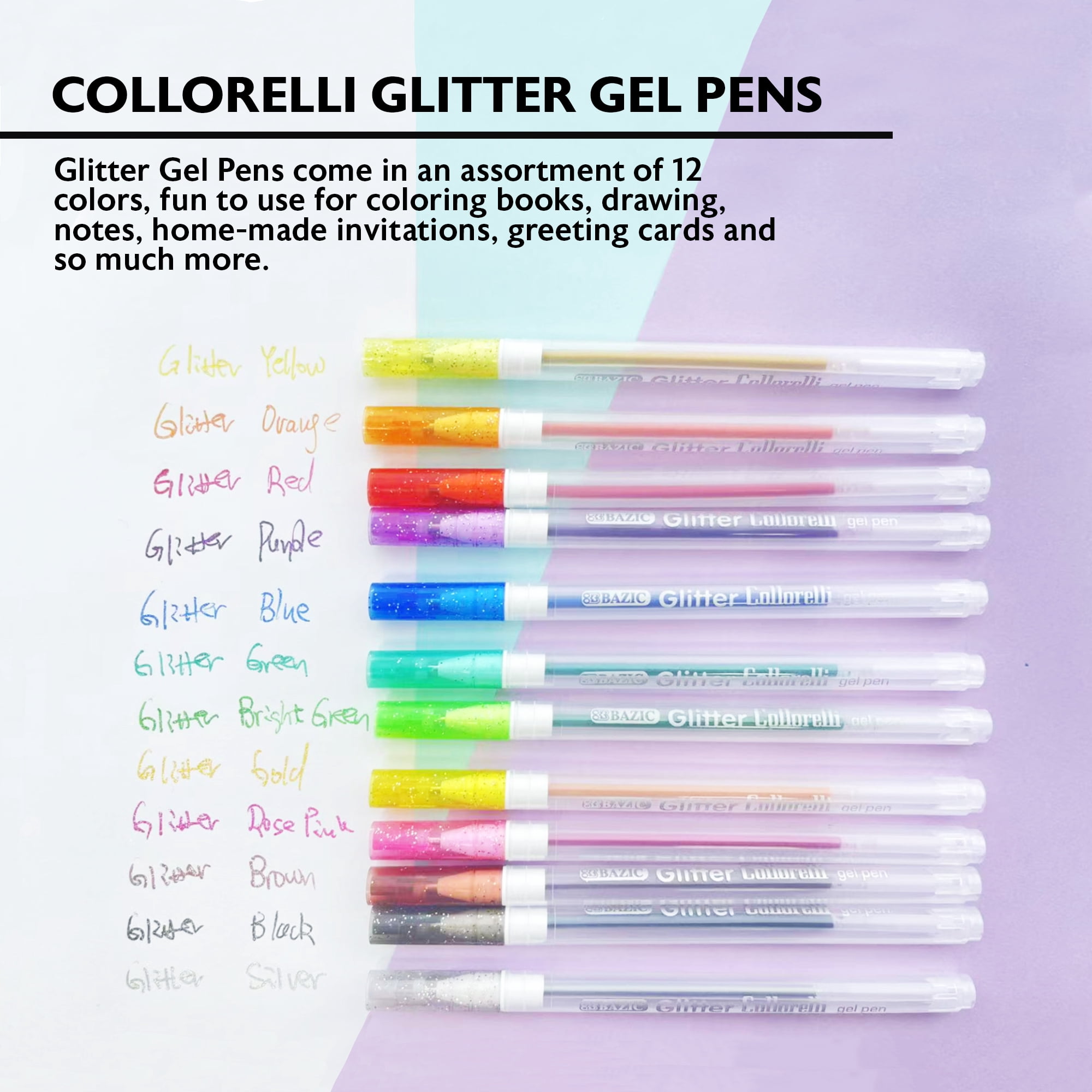 BAZIC Collorelli Gel Pen 1.0mm Glitter Color, Smooth Write, (12/Pack), 24-Pack