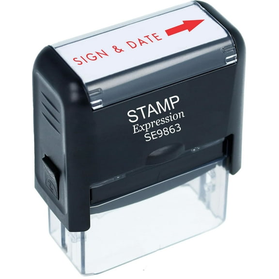 StampExpression - Sign and Date with Arrow Office Self Inking Rubber Stamp - Red Ink (A-5877)