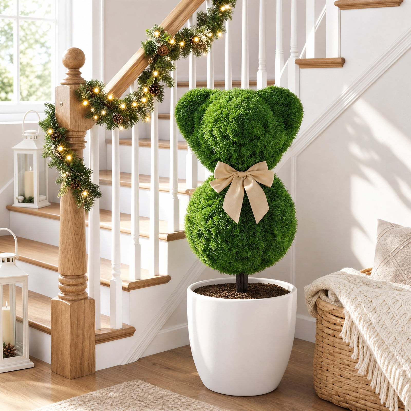 Vebreda Artificial Plant Decor, 2 Pieces Teddy Bear Topiary Trees Sun-resistant Faux Boxwood Plants with Bowknot, Whimsical Little Bears