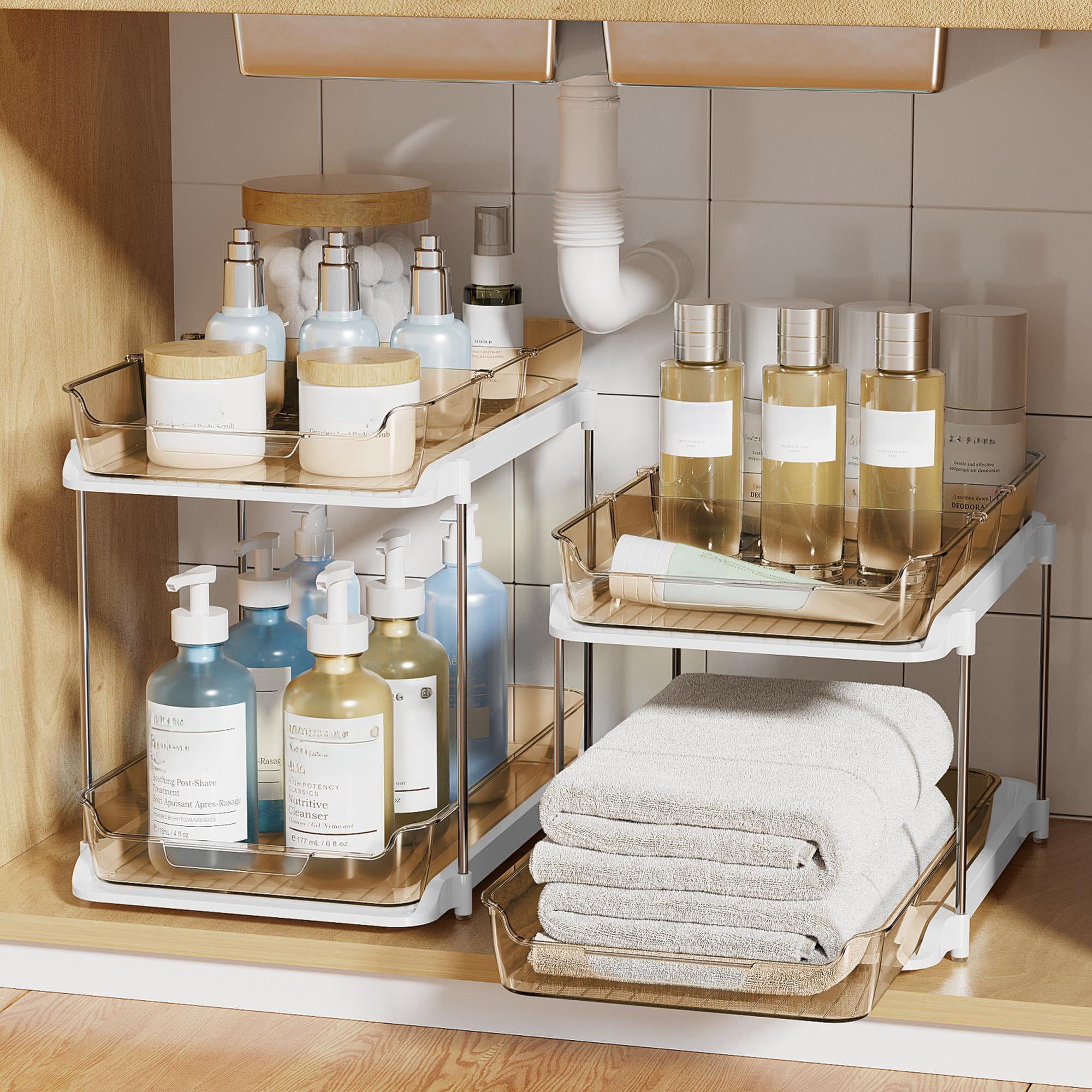 2-tier Multi-purpose Bathroom Under Sink Organizers And Storage  Stackable Kitchen Pantry Organization Pull Out Cabinet Organizer With Movable Dividers 2 Pack
