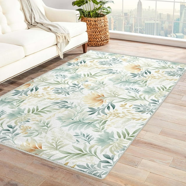 Leaves Rugs for Living Room Bedroom - Flower Rug 4x5 - Leaf Carpet for Home Decor - Washable Non Slip Patterned Indoor Large Area Rug - Soft & Low Pile (ZK&738)