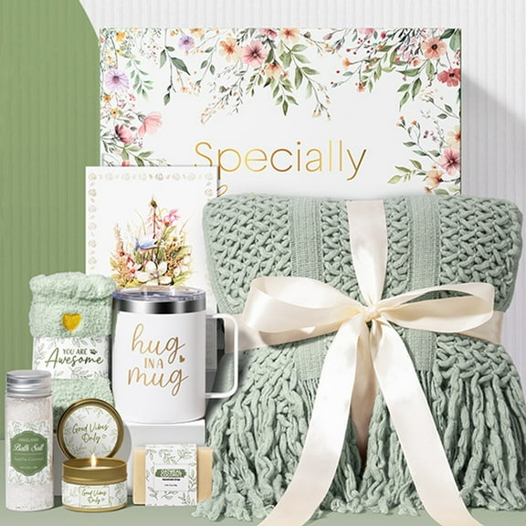 Gift Baskets for Women, 8 Pcs Self Care Gifts for Women Get Well Soon Gifts, Birthday Gifts for Women, Relaxing Spa Gifts Care Package w/ Blanket, Sympathy Gift Baskets for Mother's Day (Sage Green)