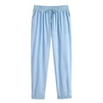 thumbnail image 4 of Women Linen Pants Summer Casual Drawstring Elastic Waist Pants Lightweight Capris Beachwear,Linen Pants with Pockets Side Button High Waist Comfy Gauze Pants Loose Trousers Ankle Cropped Pants L, 4 of 5