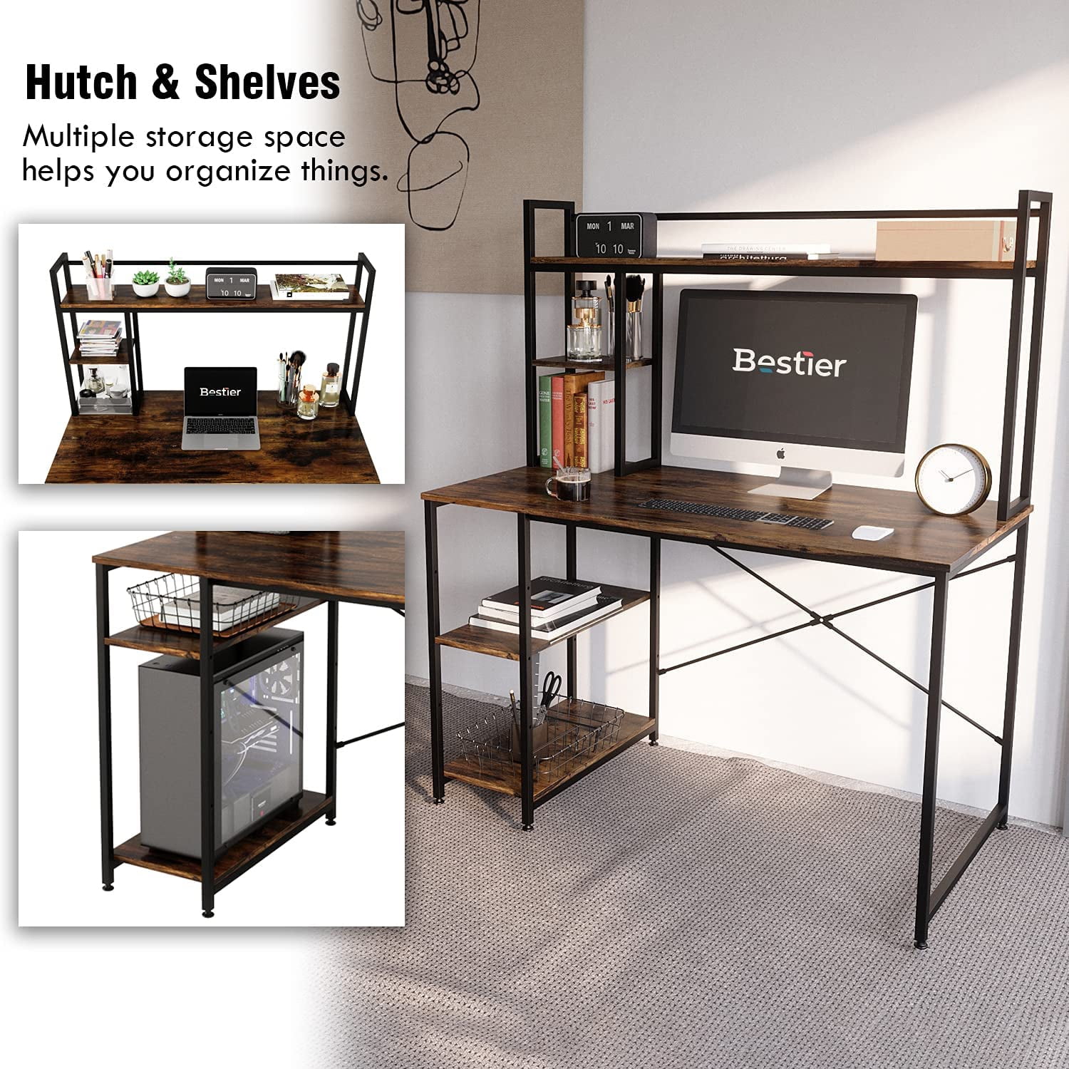 Bestier 32 Inch Modern Simple Style Table Home Office Wood Desktop Mount  Computer Desk with Storage Bag and Iron Hook, Rustic Brown