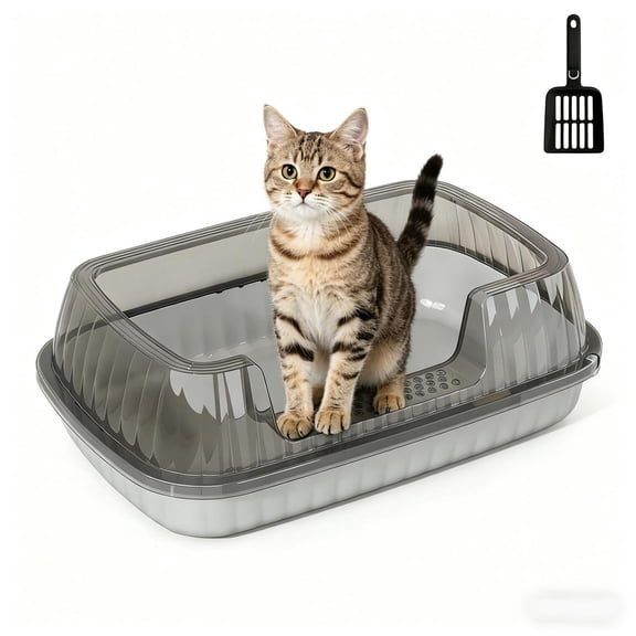 Semi-Enclosed Cat Litter Box with Lid, Medium Size Litter Pan for Small & Medium Cats, High Sides Anti-Urine Leakage, Odor Control, Easy Cleaning, Include Scoop,Gray