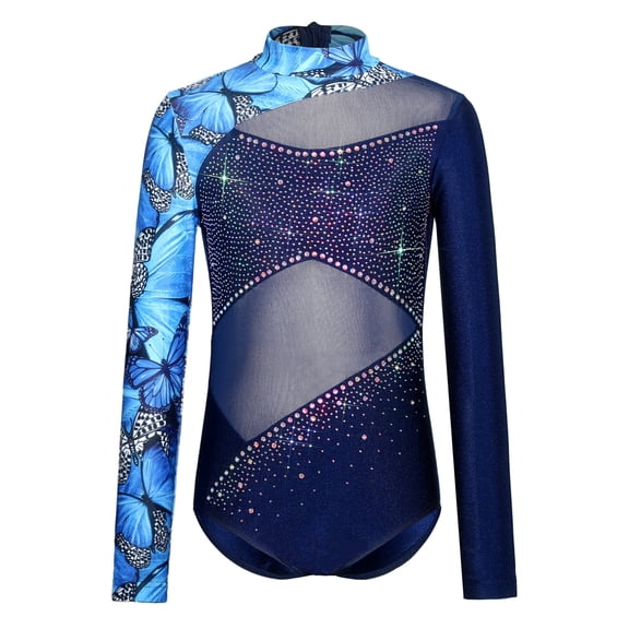 HULIJA Gymnastics Leotard for Girls Long Sleeve Rhinestone Bodysuit for Lyrical Dance Performances Navy Blue 10