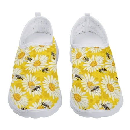 

Yellow Lightweight Breathable Mesh Shoes Daisy Bee Print Soft Leisure Shoes Outdoor Casual Shoes For Women Flats
