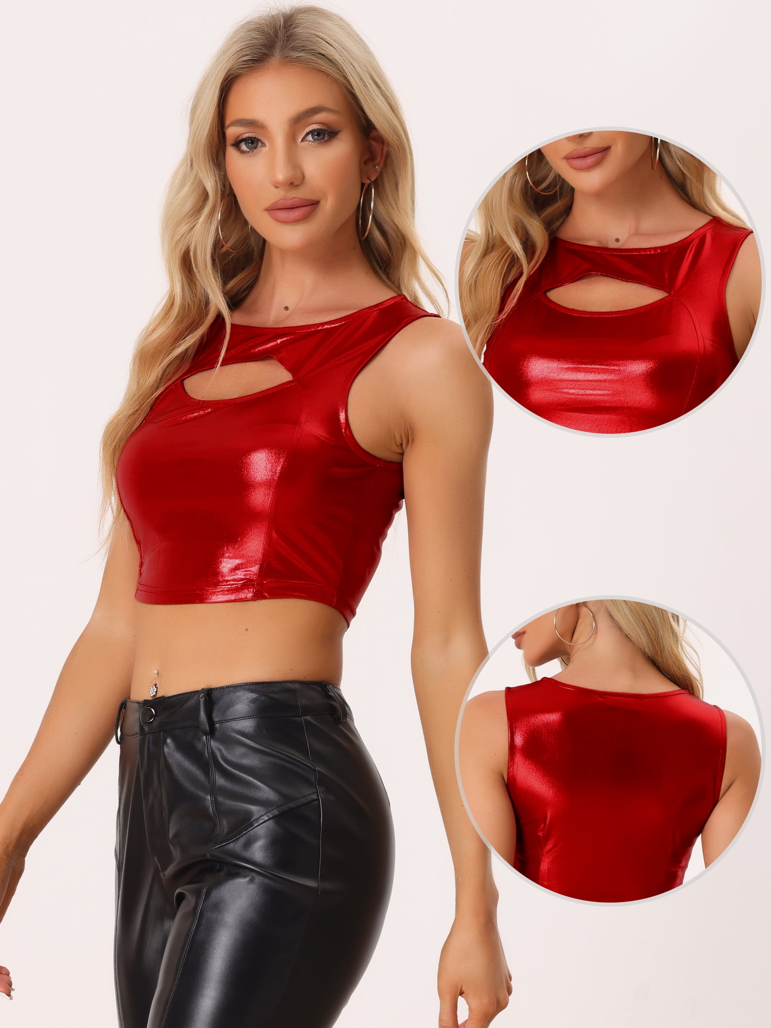 DARING DIVA Women's Shiny Metallic Crop Cut Out Party Tank Tops M Red