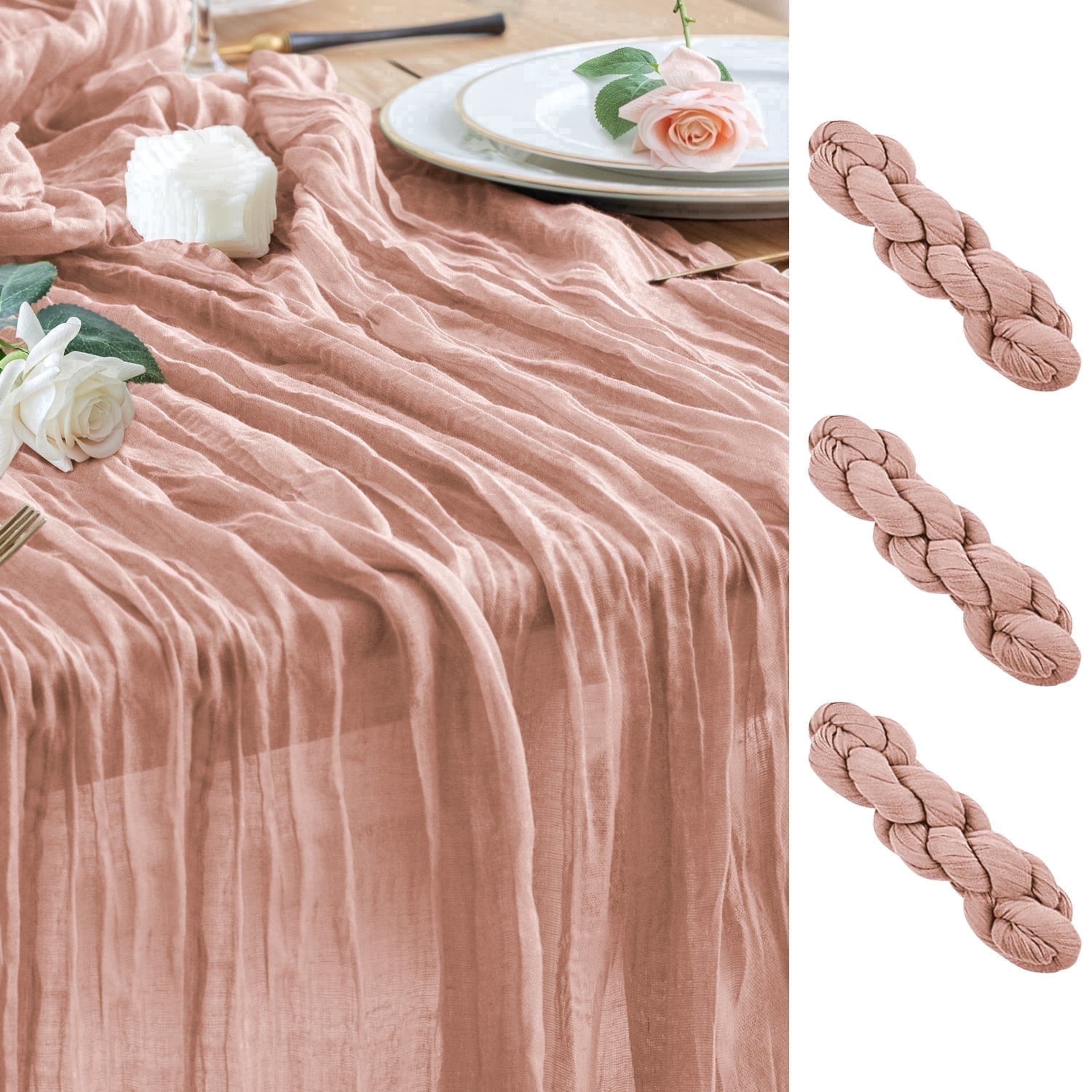 VGMiu 3PCS Table Runner Cheesecloth 10FT Dusty Pink Boho Gauze Cheese Cloth Rustic Sheer Table Runners for Wedding Bridal Baby Shower Party Decoration