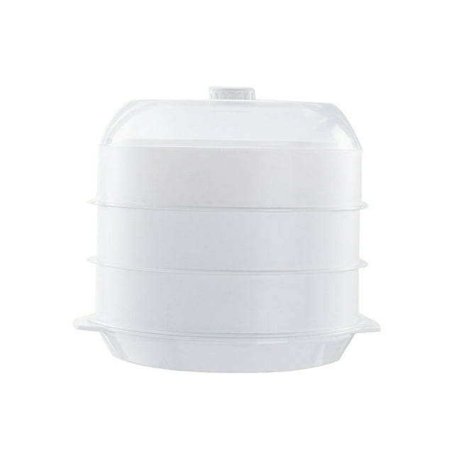 Recipiente para alimentos con tapa transparente y redondo para calentar en microondas y cocinar rápido. blanco de tres capas