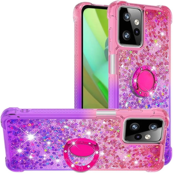 Slim Fit Phone Case for Motorola G Power 2023, Shiny Bling Quicksand Effect TPU Bumper Ring Bracket Case,Four Corners Heavy Anti-Fall Protection Cover for Moto G Power 2023,Pink Purple