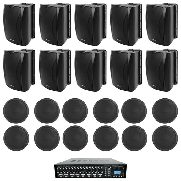 (10) 6.5" Black Wall (12) 6" Ceiling Speakers 4-Zone Matrix Amp for Restaurant