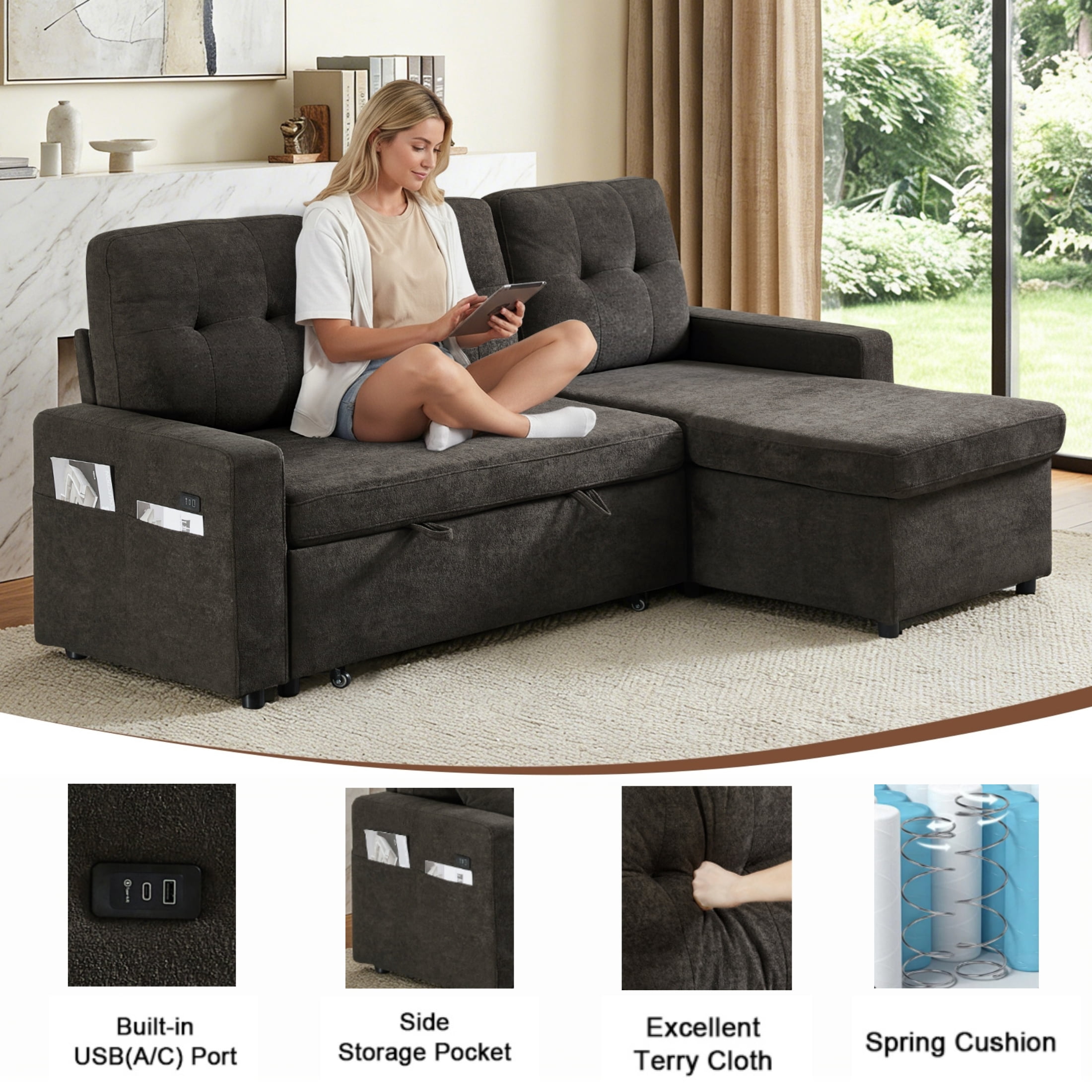 ShiKeyi 82" L Shaped Sleeper Sofa Bed, Sectional Sleeper Couch with Pull Out Bed, 3 Seat Convertible Sofa Bed with Storage Chaise, USB Charging Ports for Living Room, Dark Grey Terry Cloth