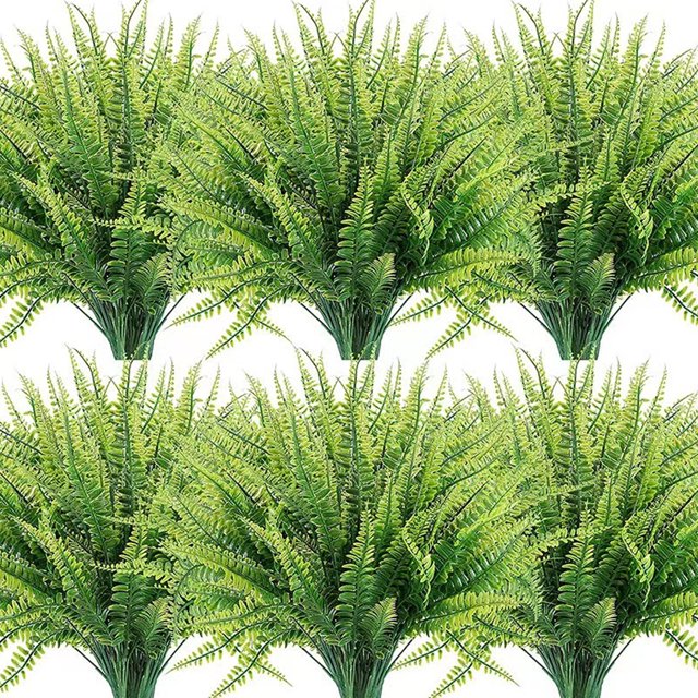 12 paquetes de plantas artificiales, helecho de Boston falso, vegetación para exteriores, resistente a los rayos UV, que no se decolora, plantas de plástico sintético para decoración de jardín,