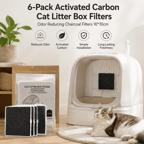 6-Pack Activated Carbon Cat Litter Box Filters Compatible with Cat Litter Box, Odor Reducing Charcoal Filters 10*10cm