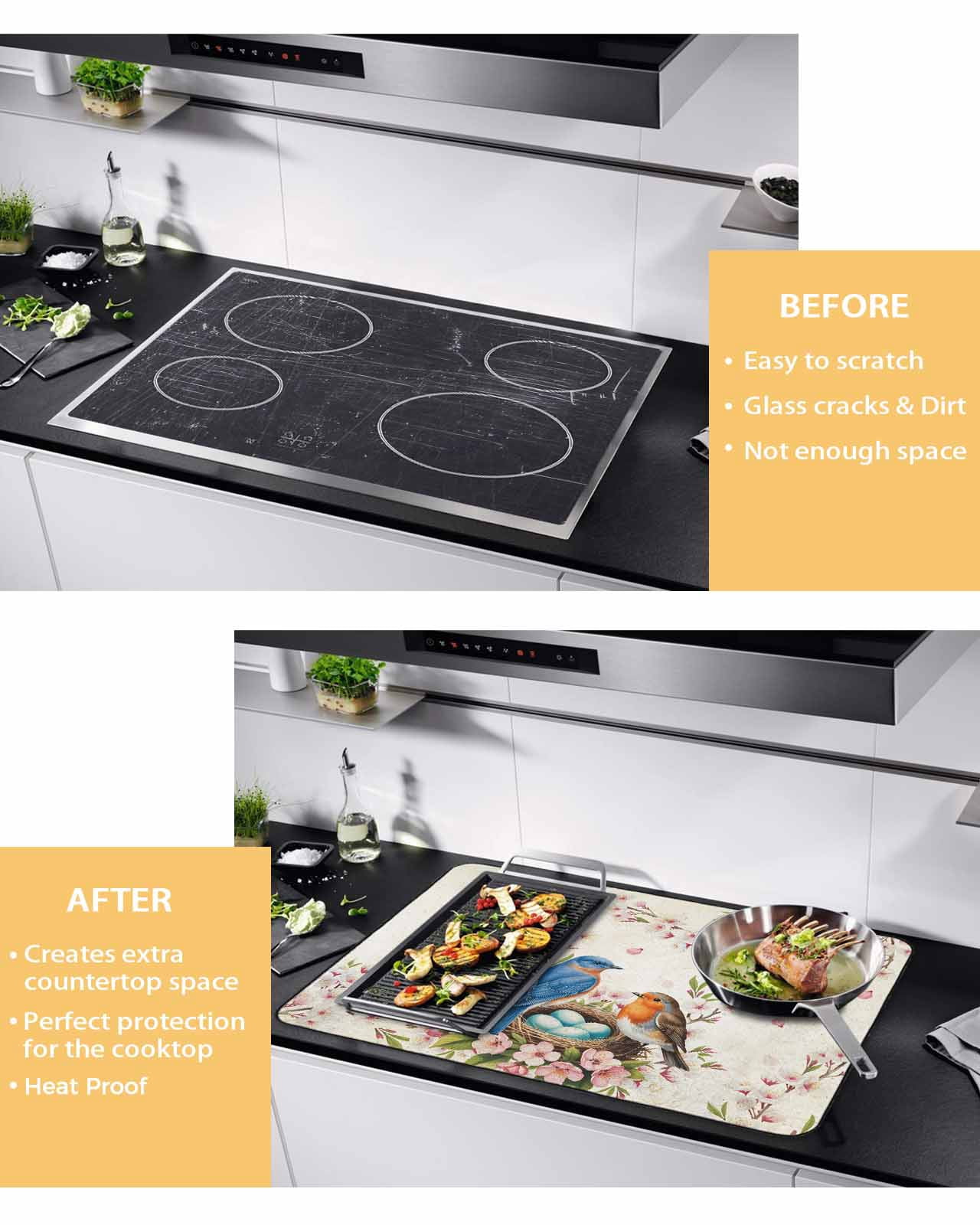 Large Induction Cooktop Protector Mat Birds Floral Stove Top Covers for Electric Stove, Farmhouse Vintage Pink Flower Leaf Decorative Stove Burner Cover Mats, Glass Top Stove Cover