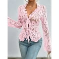 thumbnail image 6 of Lace Tops for Women Long Sleeve See Through Sheer Mesh Crop Top Shirt Open Front Tie Blouse Ruffle Pink M, 6 of 9