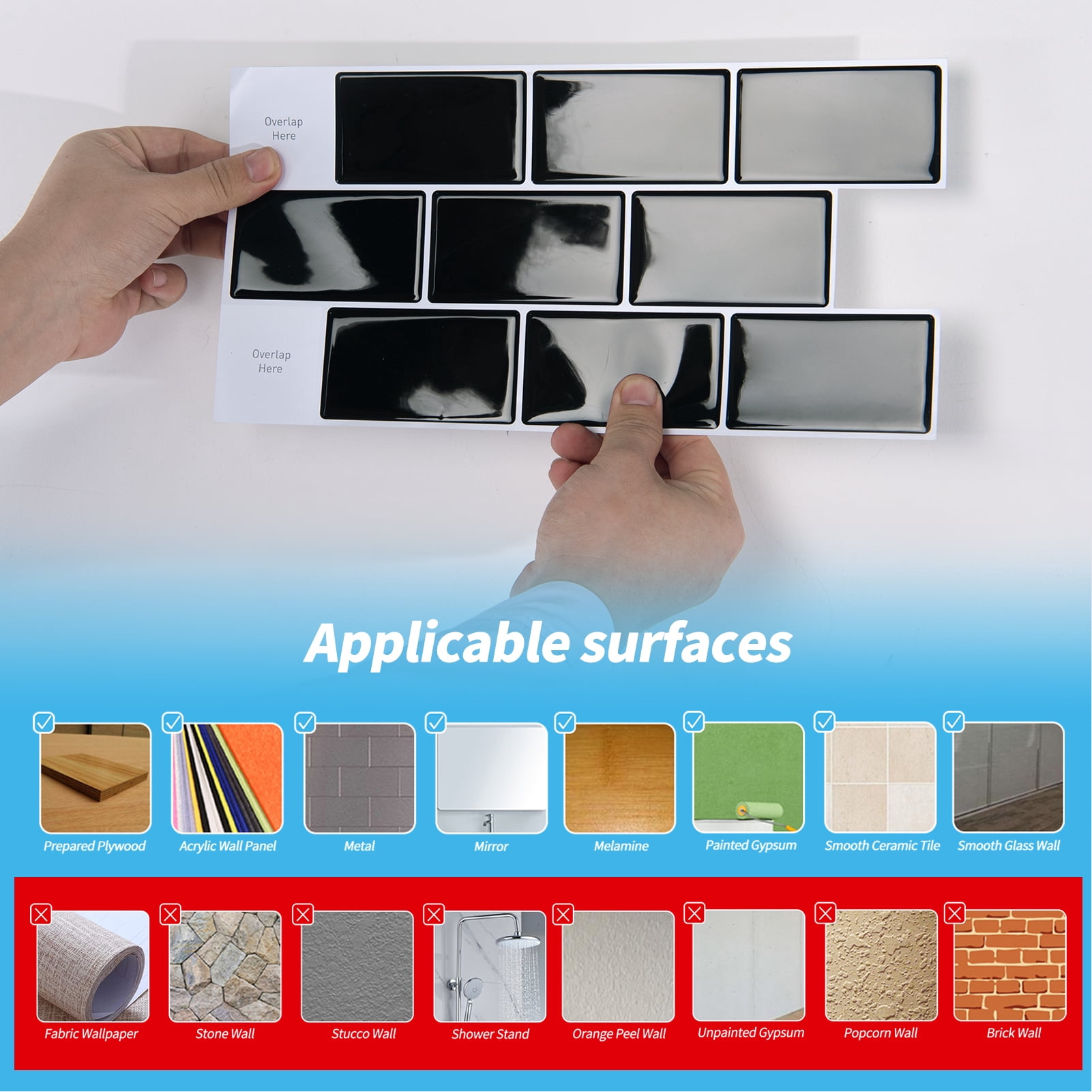 Art3d 20-Pack 12" x 6" Peel and Stick Kitchen Backsplash Tile, Vinyl Stick On Subway Tile, Black with White Grouting