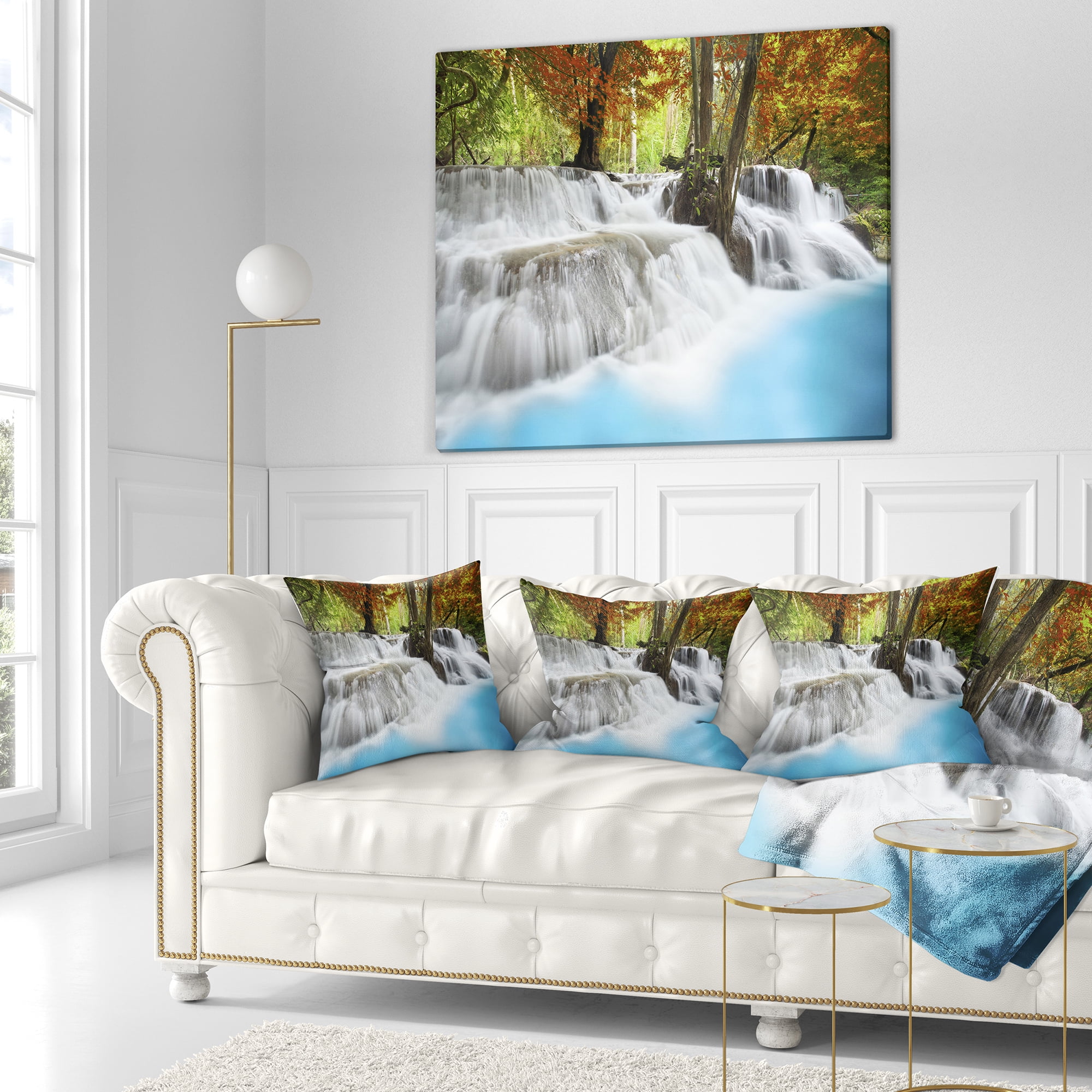 Designart Roaring Erawan Waterfall - Landscape Printed Throw Pillow - 18x18
