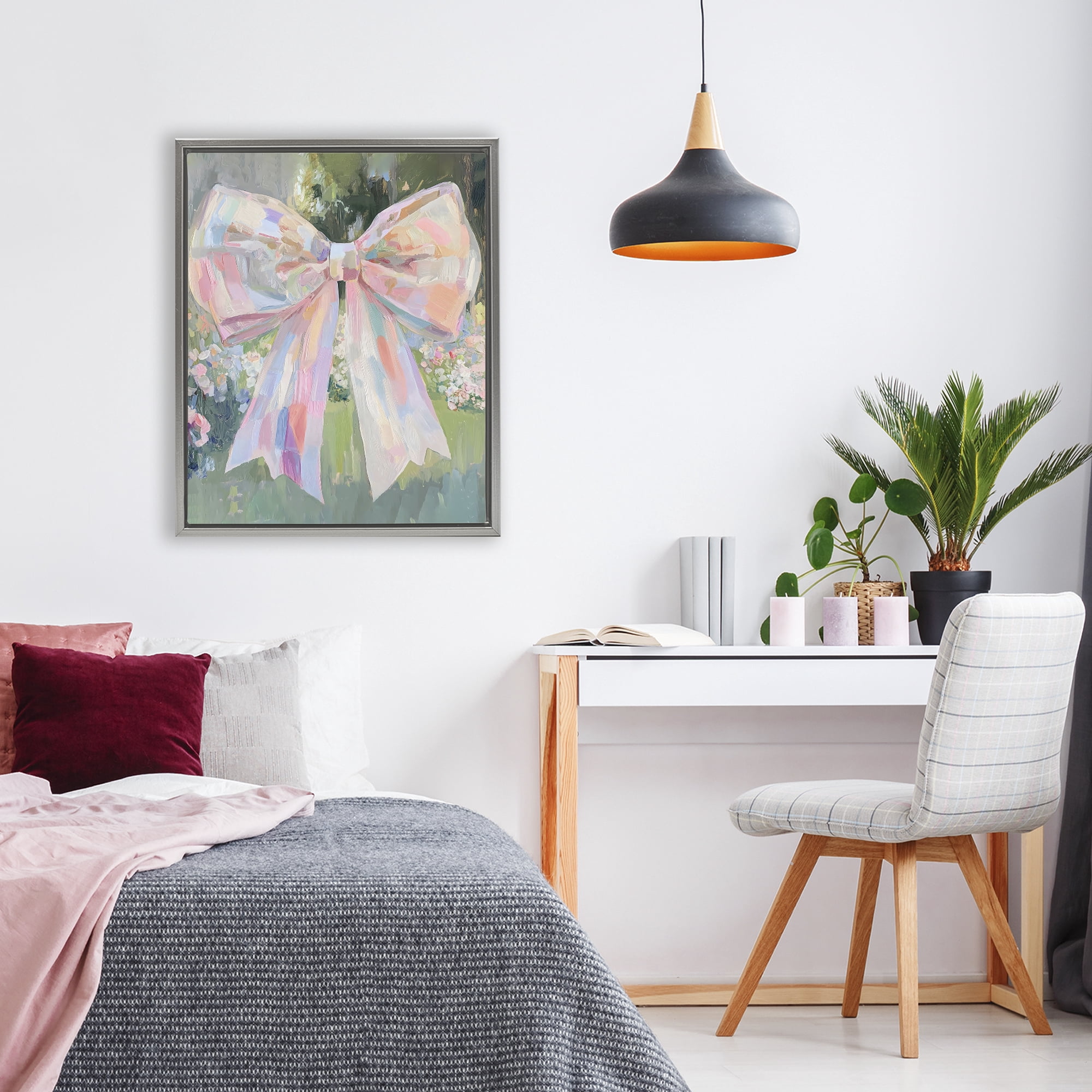 Stupell Industries Iridescent Pink Bow in Garden Gray Framed Floater Canvas Wall Art, design by The Prints Vibe