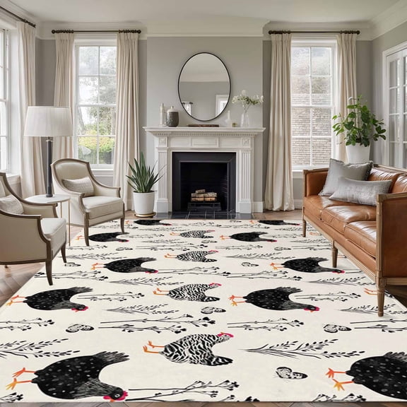 Large Area Rugs for Living Room Bedroom, Rooster Farmhouse Beige 8'x10' Rug Washable Carpet Runner Indoor Outdoor, Farm Animals Simple Art Modern Non Slip Floor Mats Rug for Kitchen, Patio