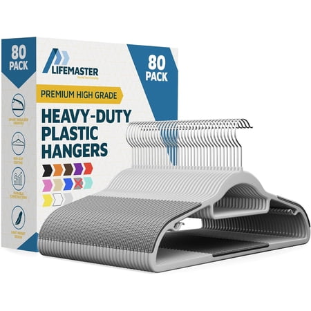 Lifemaster Durable Non-Slip Clothes Hangers - Premium Set of 80 Sturdy Gray Plastic with Smooth 360° Swivel Hooks & Built-In Accessories Hang Coats Jackets and Expensive Garments Stress Free Hanging