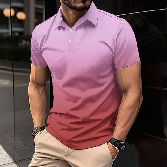 S-4X Plus Size Mens Big & Tall Golf Shirts Short Sleeve T-Shirts Pullover Button Collar Casual Gradient Printed Breathable Athletic Workout Tees Tops