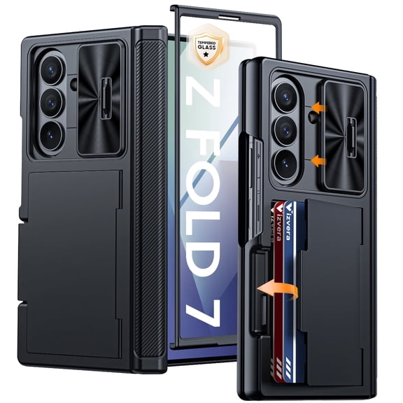 Oupeigar for Samsung Galaxy Z Fold 7 Case RFID Wallet with Cards Holder [Hinge Cover] [Camera Cover] Shockproof Silicone Protective Phone Case-Black