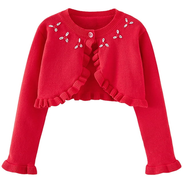 Girls Bolero Cardigan One-button Ruffle Open Front Cotton Knit Crop Shrug Jacket Toddler Kids Fall Spring Clothes (18 Months, Red)