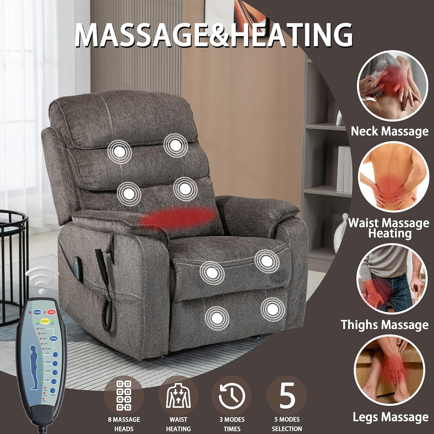 Adults Power Lift and Heat Recliners with Wireless Charging Device and USB Ports