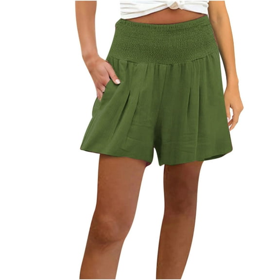 Women's Cotton Linen Elastic High Waist Shorts with Pockets Plus Size Solid Color Pleated Hot Pants Winter Casual Baggy Short Trousers