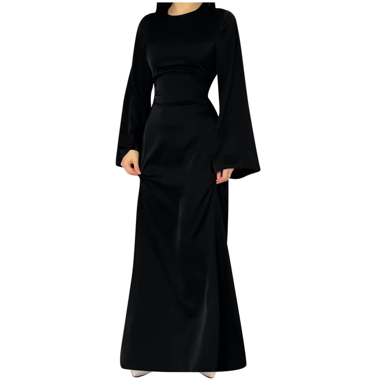Cavosen Long Sleeve Maxi Dresses for Women Black Satin Elegant Kimonos Sleeve  Long Dress Party Dress Round Neck Solid Floor Length Dress Flowy Bodycon  Wrap Wedding Guest Dress - Walmart.com
