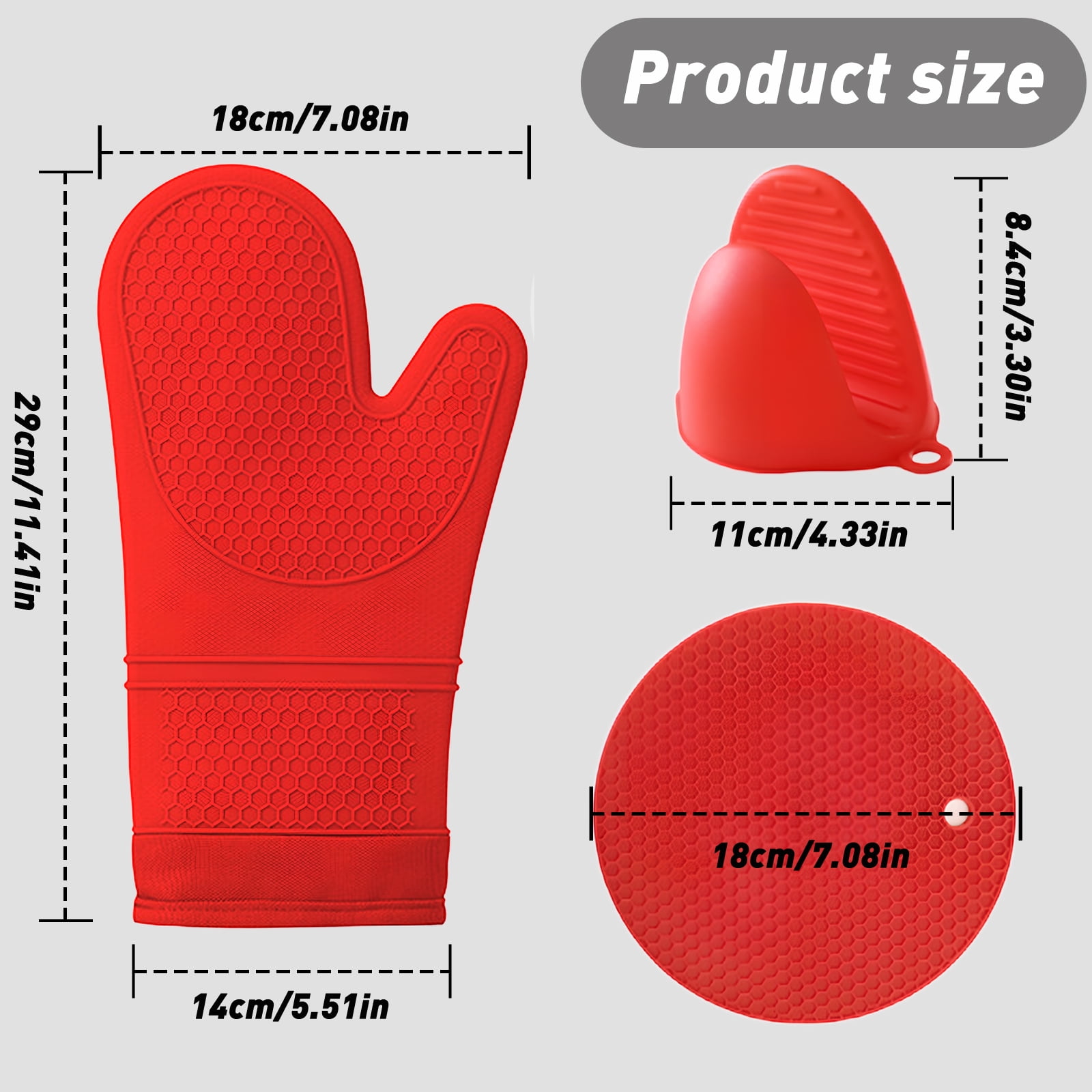 12Pcs Kitchen Oven Mitts and Pot Holders Sets , Extra Long Silicone Oven Gloves Heat Resistant 500 Degrees Non-Slip Potholders Hot Pads for Baking Cooking, Red