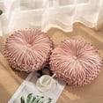 thumbnail image 2 of Round Throw Pillow Set of 2 – Decorative Velvet Ruched Pumpkin Pillows with Button Center, Soft Handmade Cushions for Couch Sofa Bed Farmhouse Vintage Rustic Decor, 14.5" R, Pink, 2 of 8