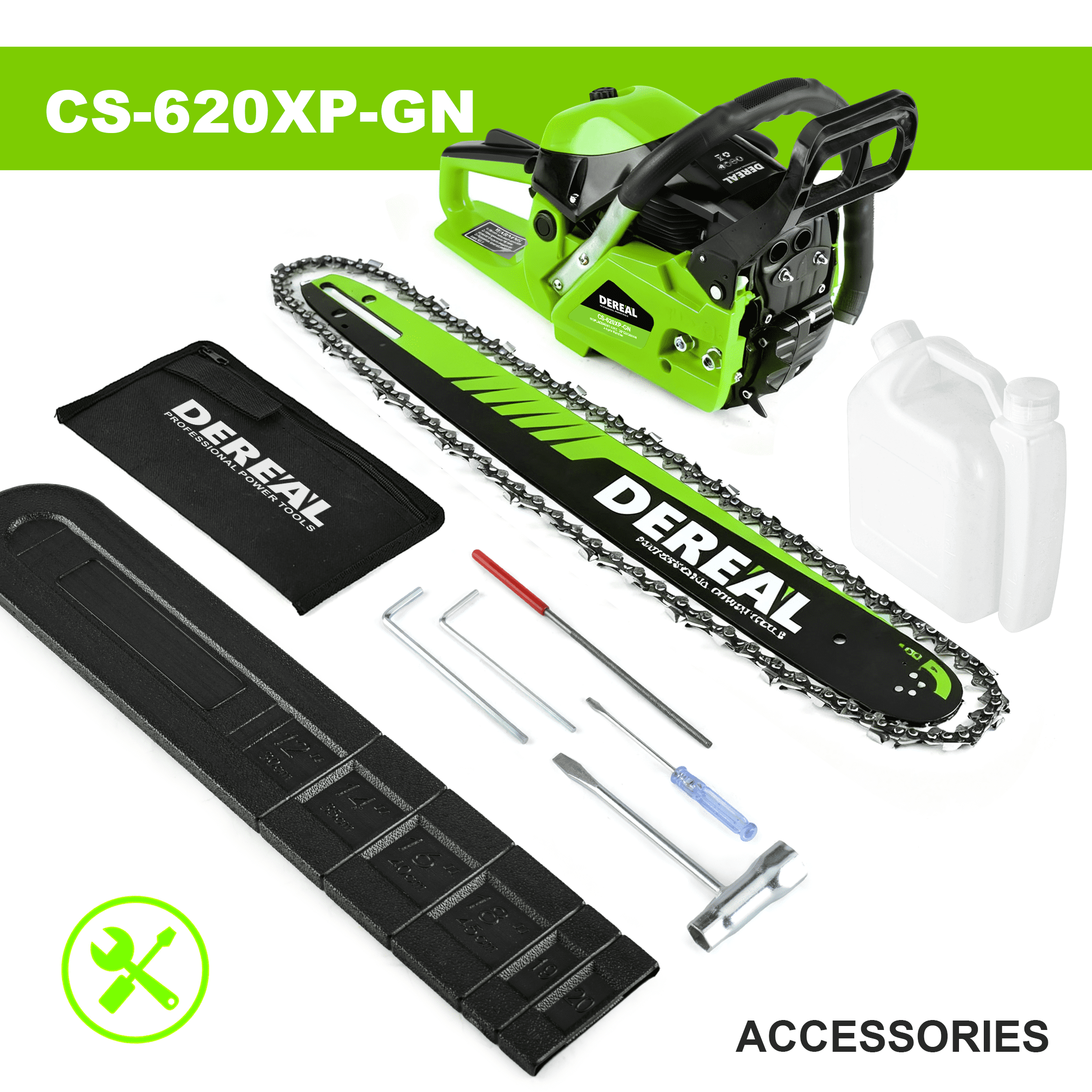 20-Inch 62CC 2-Stroke Gas Chainsaw, Heavy-Duty Gas Powered Wood Cutting Saw with Automatic Oiler & Easy Start for Farm & Home Use 620XP Green