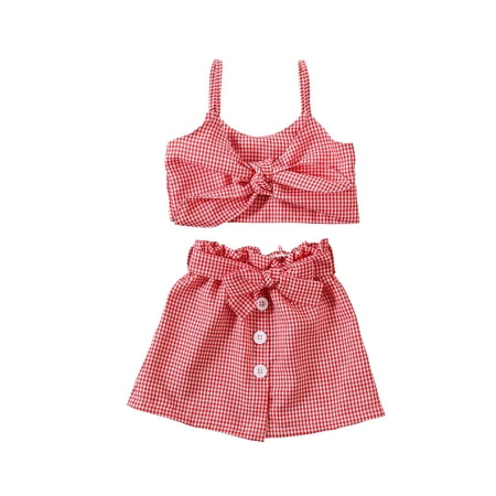 

Kuriozud Baby Girl Plaid Print Bow Camisole Botton Down Short Skirt Set