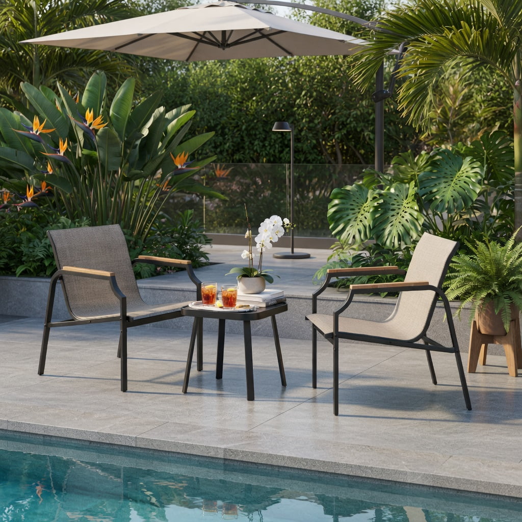 Hommoo 3-Piece Outdoor Patio Furniture Set, 2 Ergonomic Metal Chairs + Tempered Glass Coffee Table, Breathable Fabric Seats, Brown