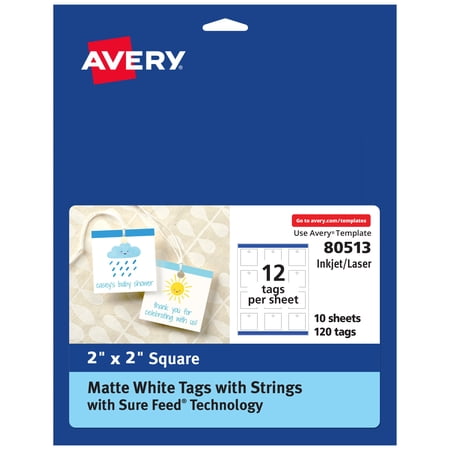 Avery Square Tags with Strings, 2" x 2", White, 120 Total (80513)