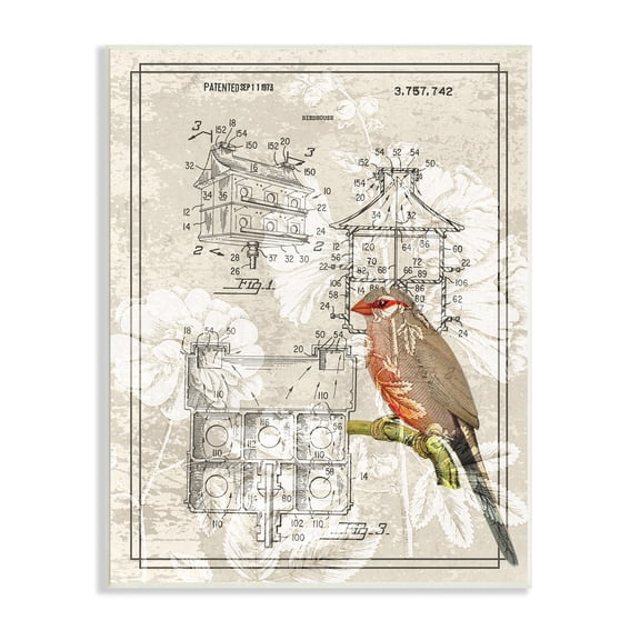 Vintage Bird House Figure Patent Garden Finch Illustration 10 in x 15 in Framed Painting Art Print, by Stupell Home Décor