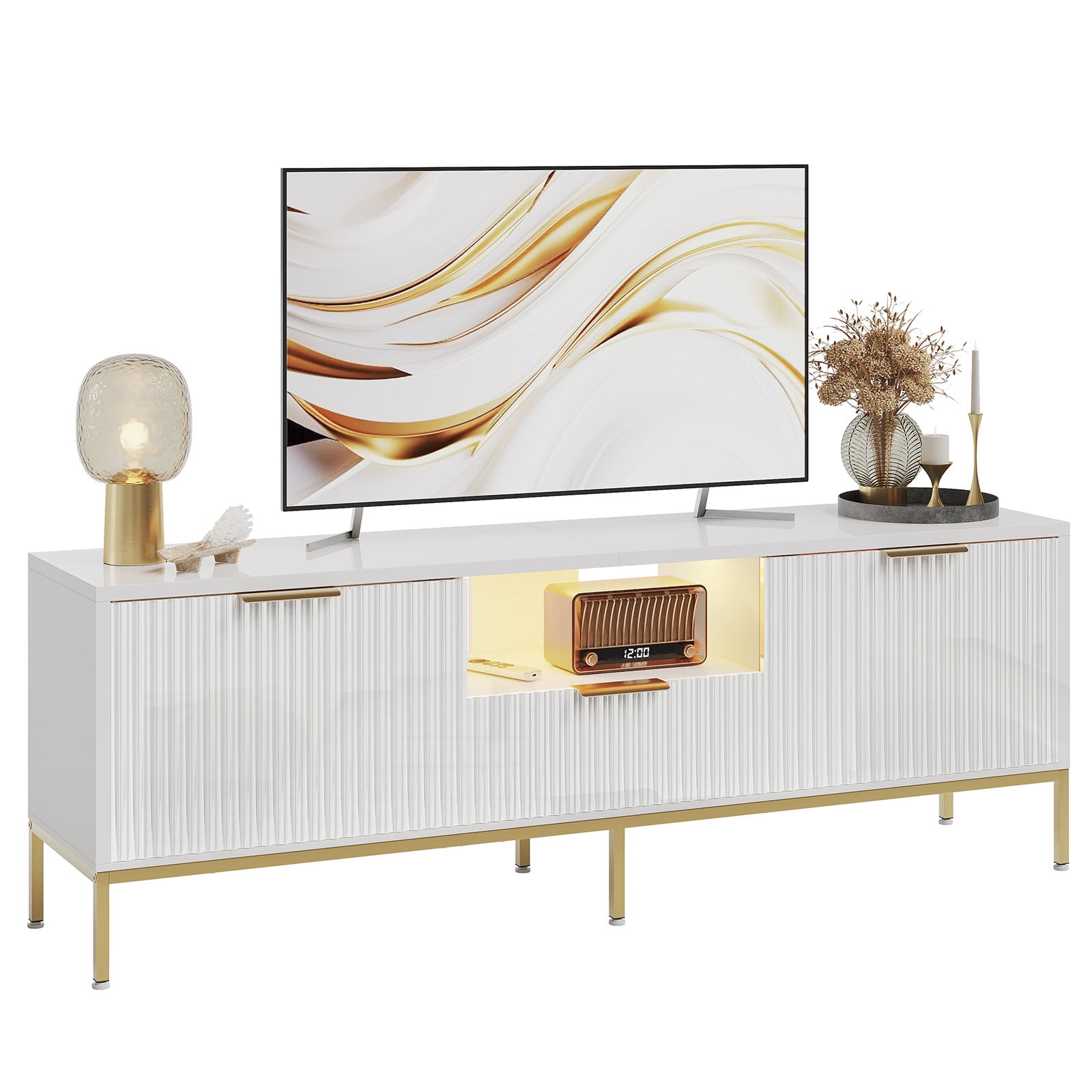 Bestier 55" LED TV Stand for TVs up to 60" Modern High Gloss Entertainment Center with Drawers Cabinets Fluted TV Console, White & Gold