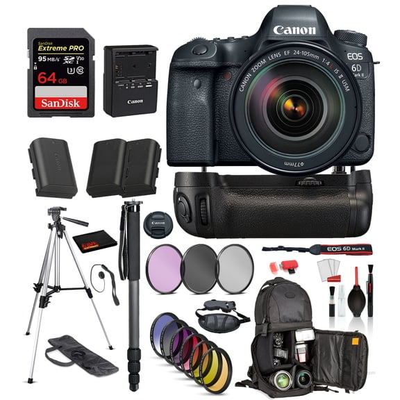 Canon EOS 6D Mark II DSLR Camera with 24-105mm f/4L II Lens (1897C009) Professional Bundle package deal ' Battery Grip + Replacement Battery (2CT) + SanDisk extreme pro 64gb SD card + MORE