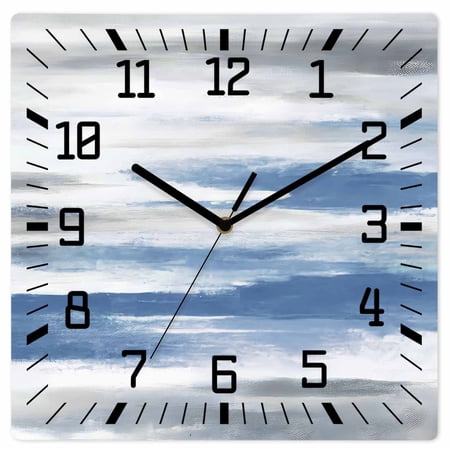 Blue Grey Ombre Wooden Wall Clock Silent Non Ticking, Abstract Art Oil Painting Modern Square Wall Clocks Battery Operated, Decor Clock for Home Office, Living Room, Kitchen, 10 Inch