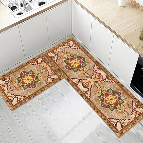 Lzobxe Welcome Mat Two Piece Ethnic Kitchen Rug Set Non Slip Absorbent Bathroom Mat Sink Stove Defend Fatigue Floor Mat Washable Door Mat