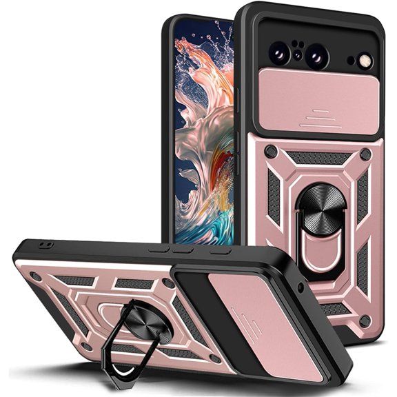 for Google Pixel 8 Case with Slide Camera Cover for Men, Military Grade Drop Phone Cover Case with Ring Kickstand for Google Pixel 8 SJ Rose Gold