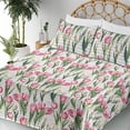 thumbnail image 3 of Ambesonne Love Themed Fitted & Flat Sheet with Shams 4 Pcs Set, Romantic Tulip Flowers, Queen, Hot Pink Fern Green Cream, 3 of 5