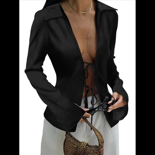 Blusa de Satén con Lazo Frontal para Mujer, Sexy, con Escote en V Profundo, de Seda, para Discoteca, de Larga, Estilo Y2K, para Salir. Negro L
