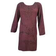 Mogul Womens Medieval Dress Maroon Embroidered Stonewashed Hippie Chic Tunic Boho Style Tunic M