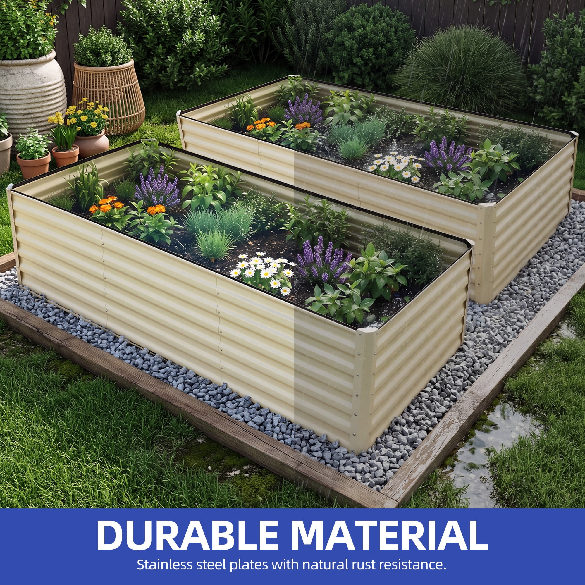 Uforic 2PCS 6X3X2FT Galvanized Metal Raised Garden Bed Kit with Gardening Gloves & Support Rod, Outdoor Above Ground Planter for Plants Vegetables Flowers, Cream White