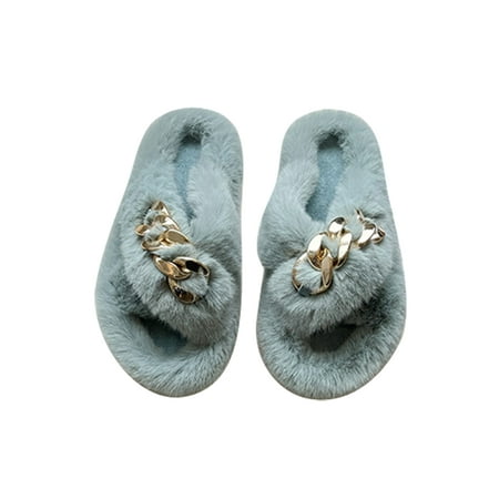 

Avamo Women Daily Wear-Resistant Metal Buckle Winter Warm Shoes Ladies House Lightweight Cross Band Plush Slipper Cozy Platform Faux Fur Shoe Blue 7.5